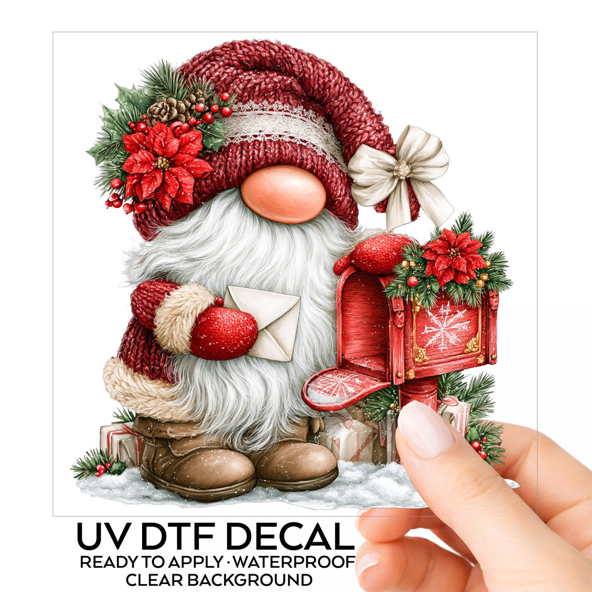 Gnome Mailing Letter At Red Mailbox UV DTF sticker on its backing card, held in hand