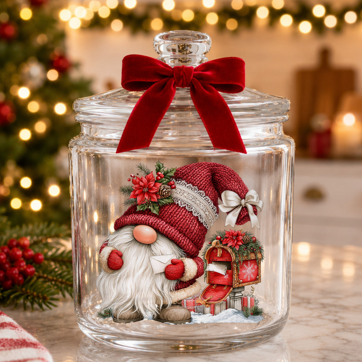 Gnome With Envelope And Open Mailbox UV DTF sticker applied to a glass candy jar tied with a red bow