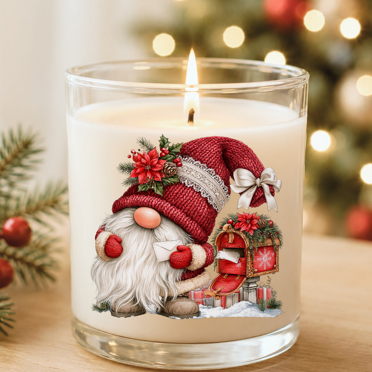 Gnome With Envelope And Open Mailbox UV DTF sticker applied to a white candle in a glass holder near Christmas lights
