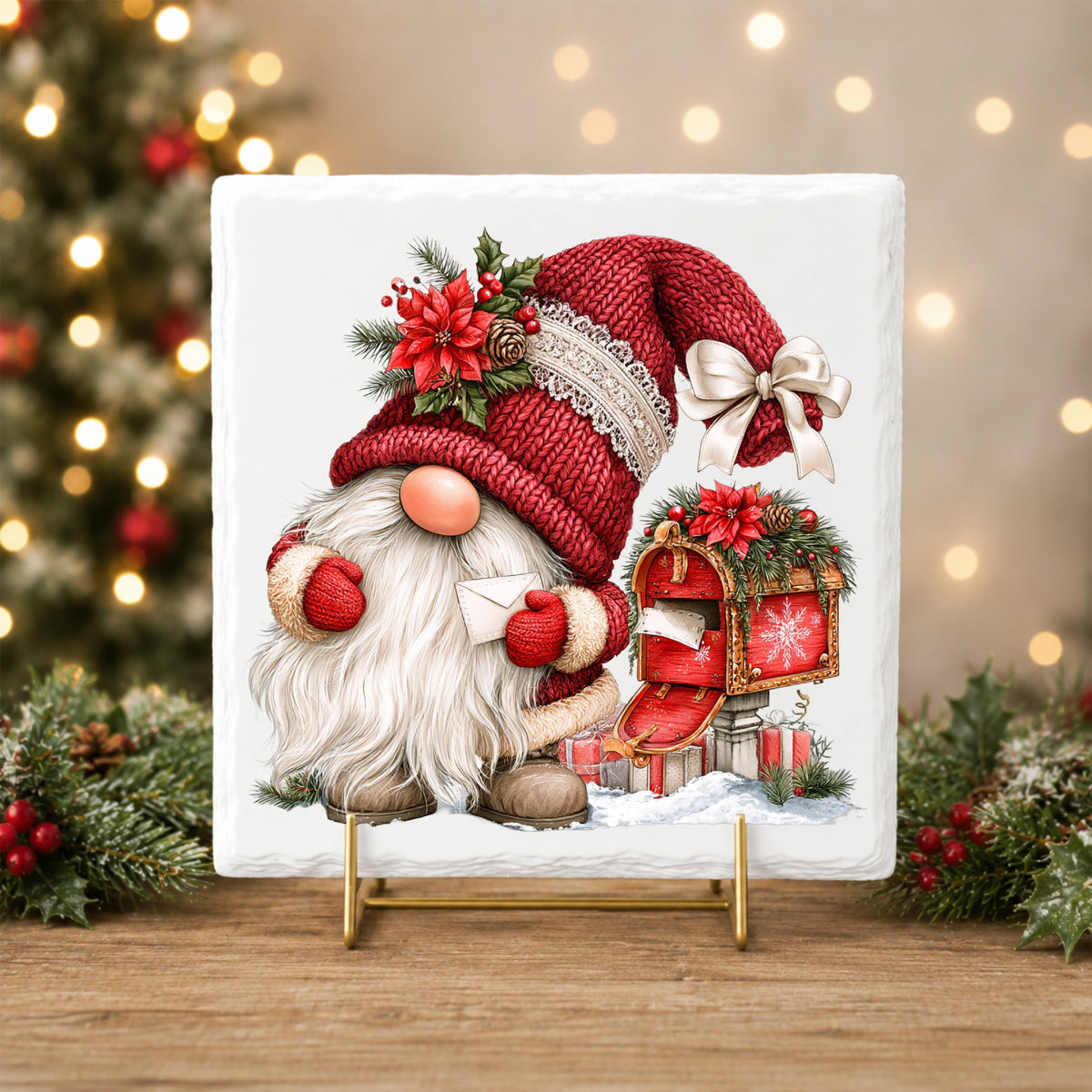 Gnome With Envelope And Open Mailbox UV DTF sticker applied to a white tile on a gold stand