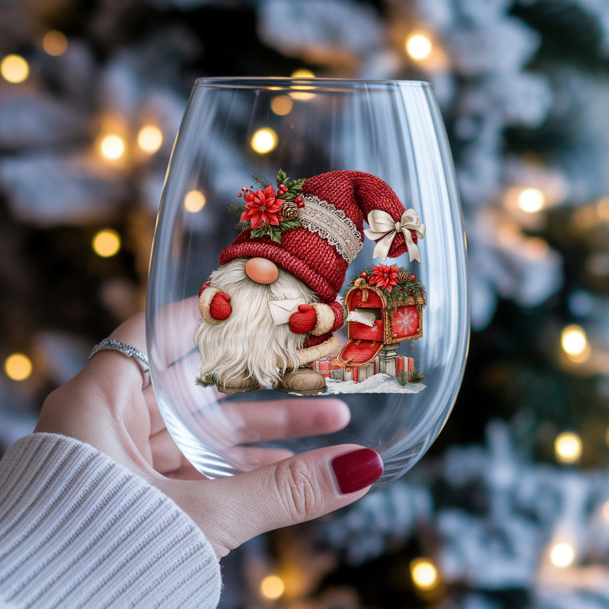 Gnome With Envelope And Open Mailbox UV DTF sticker applied to a stemless wine glass held in hand