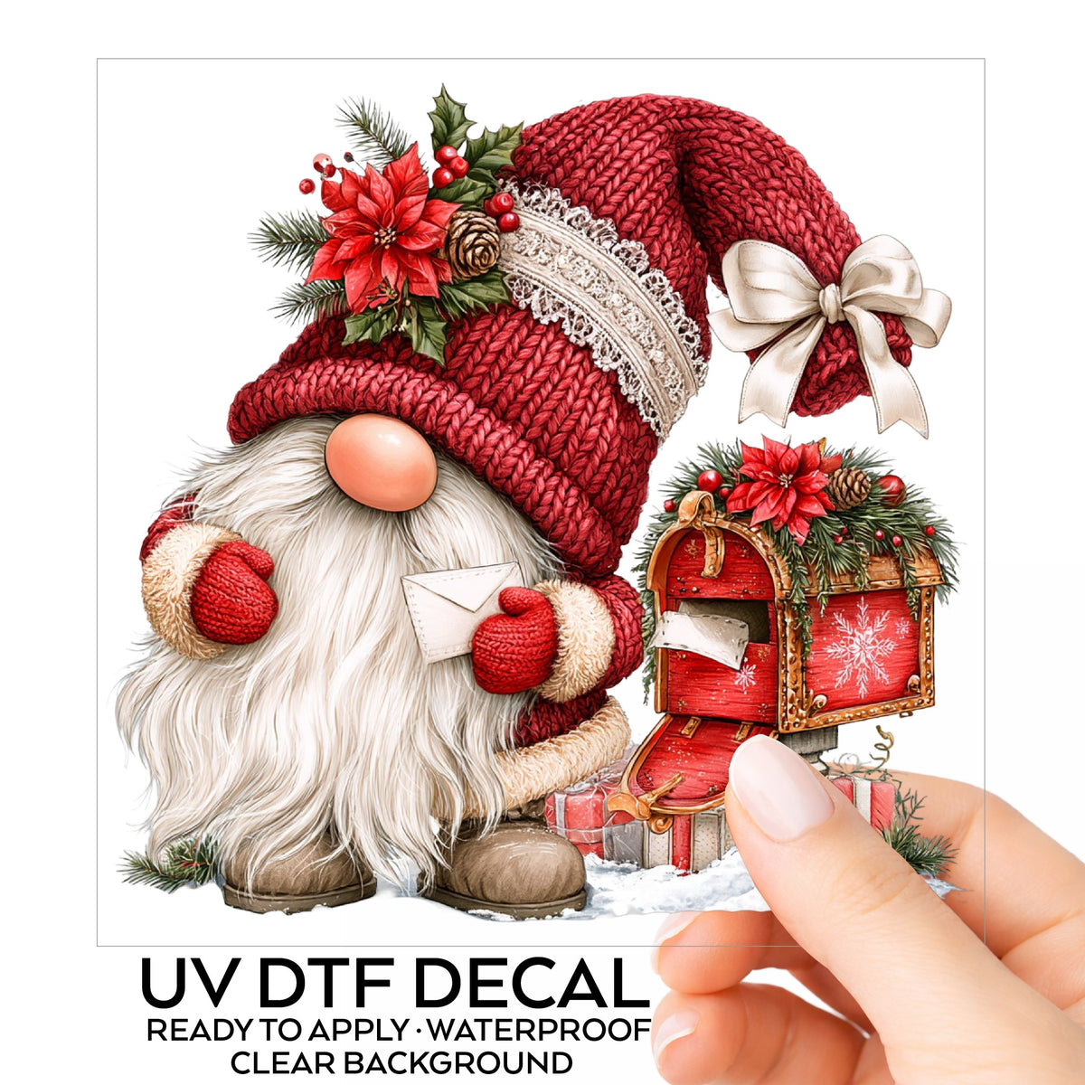 Gnome With Envelope And Open Mailbox UV DTF sticker on its backing card, held in hand