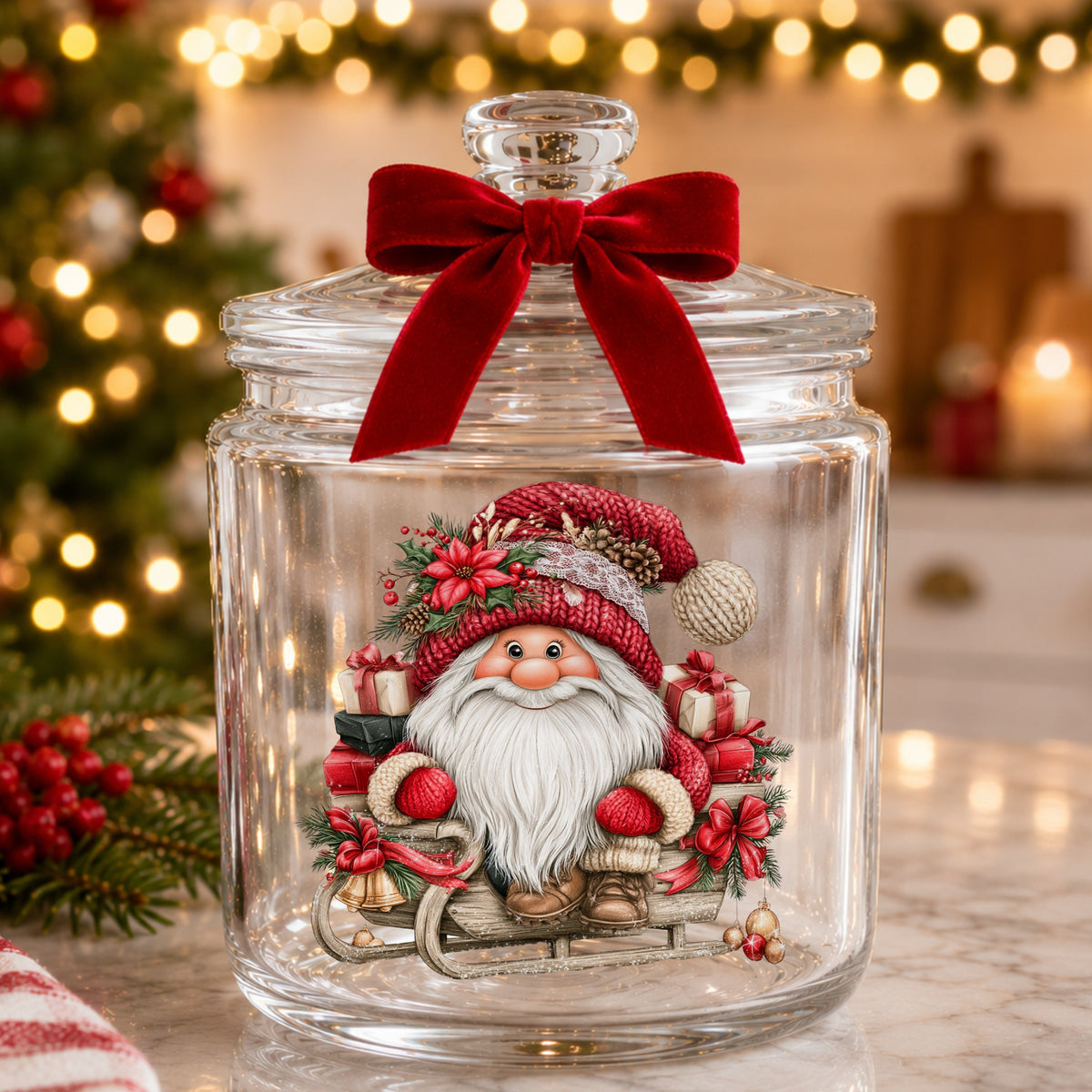 Gnome Riding Wooden Sleigh With Gifts UV DTF sticker applied to a glass candy jar tied with a red bow