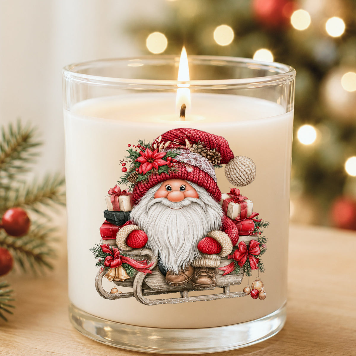 Gnome Riding Wooden Sleigh With Gifts UV DTF sticker applied to a white candle in a glass holder near Christmas lights