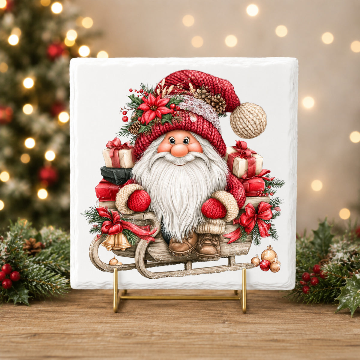 Gnome Riding Wooden Sleigh With Gifts UV DTF sticker applied to a white tile on a gold stand