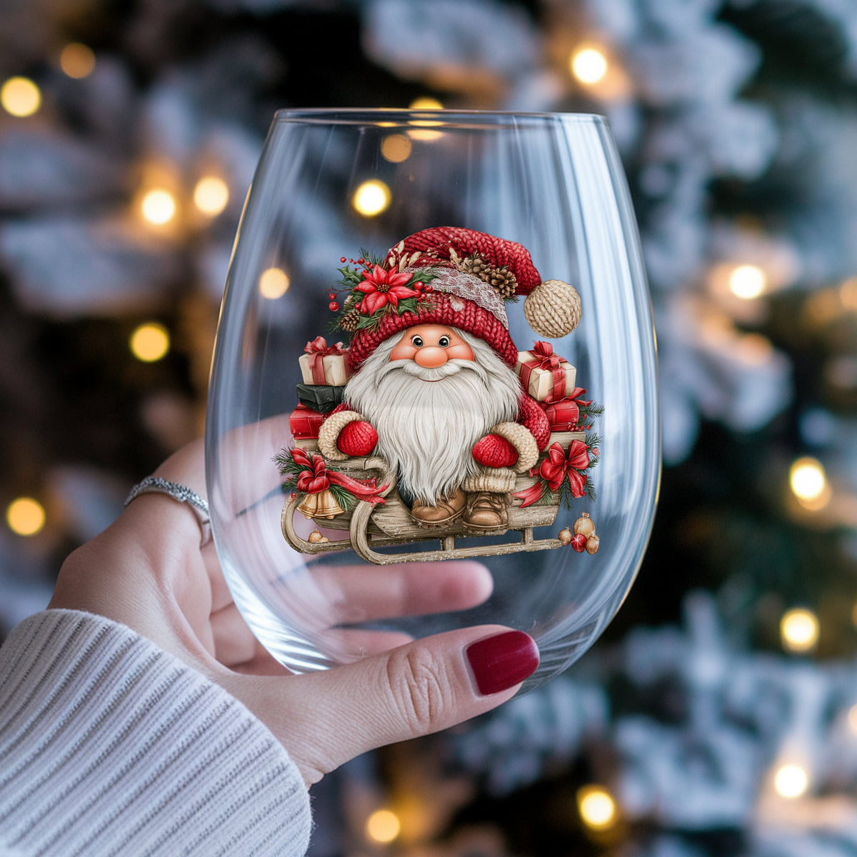 Gnome Riding Wooden Sleigh With Gifts UV DTF sticker applied to a stemless wine glass held in hand