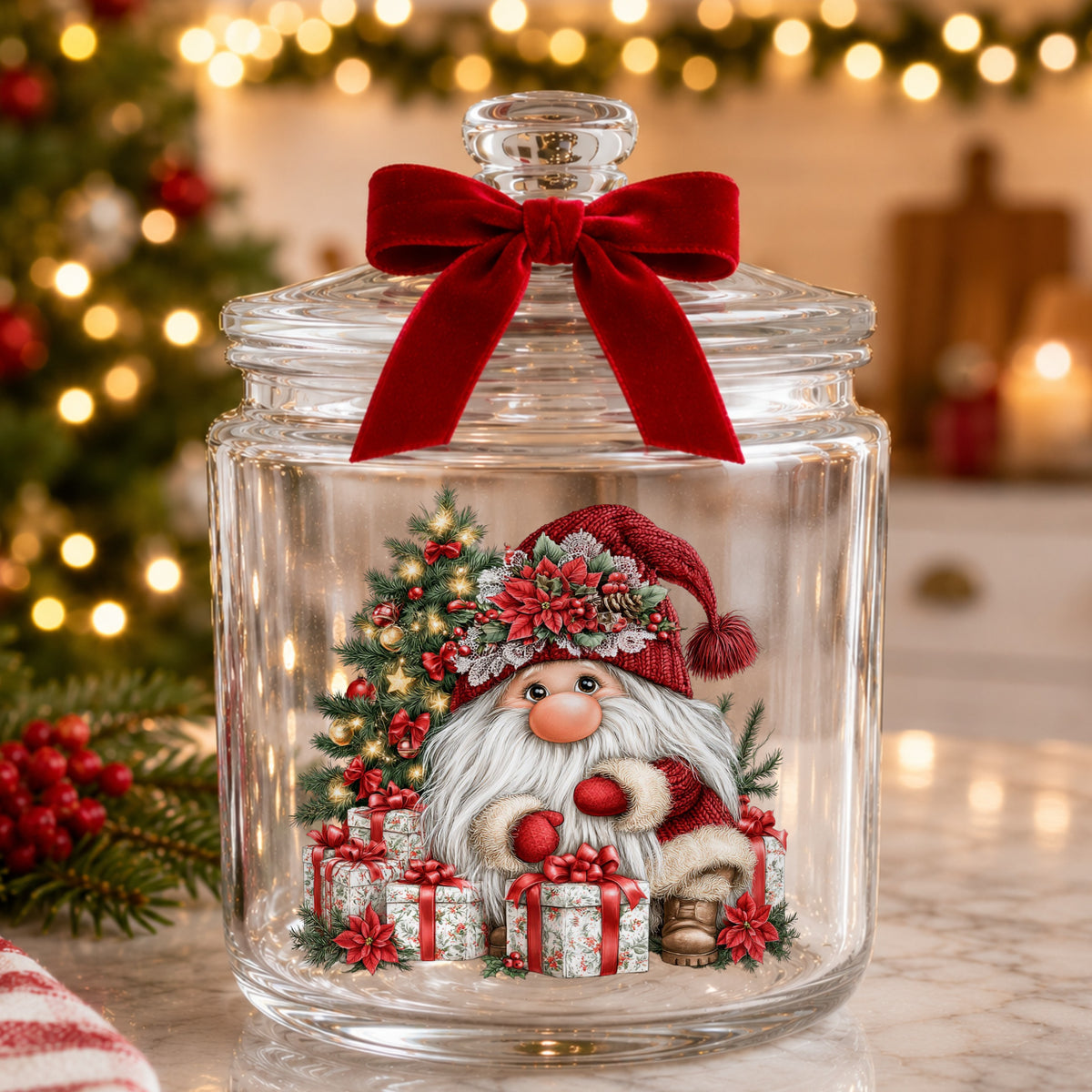 Gnome With Wrapped Presents And Lighted Tree UV DTF sticker applied to a glass candy jar tied with a red bow