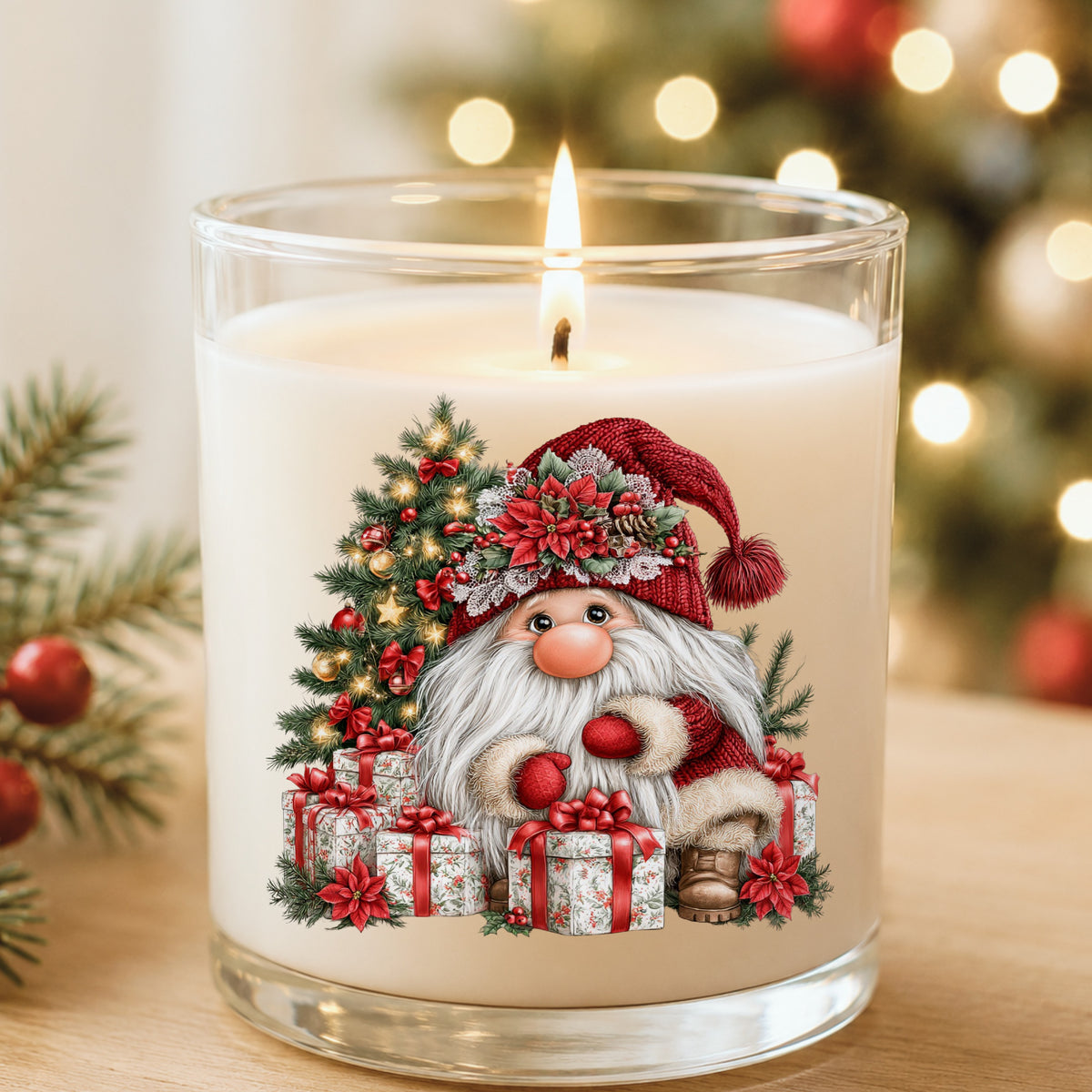 Gnome With Wrapped Presents And Lighted Tree UV DTF sticker applied to a white candle in a glass holder near Christmas lights