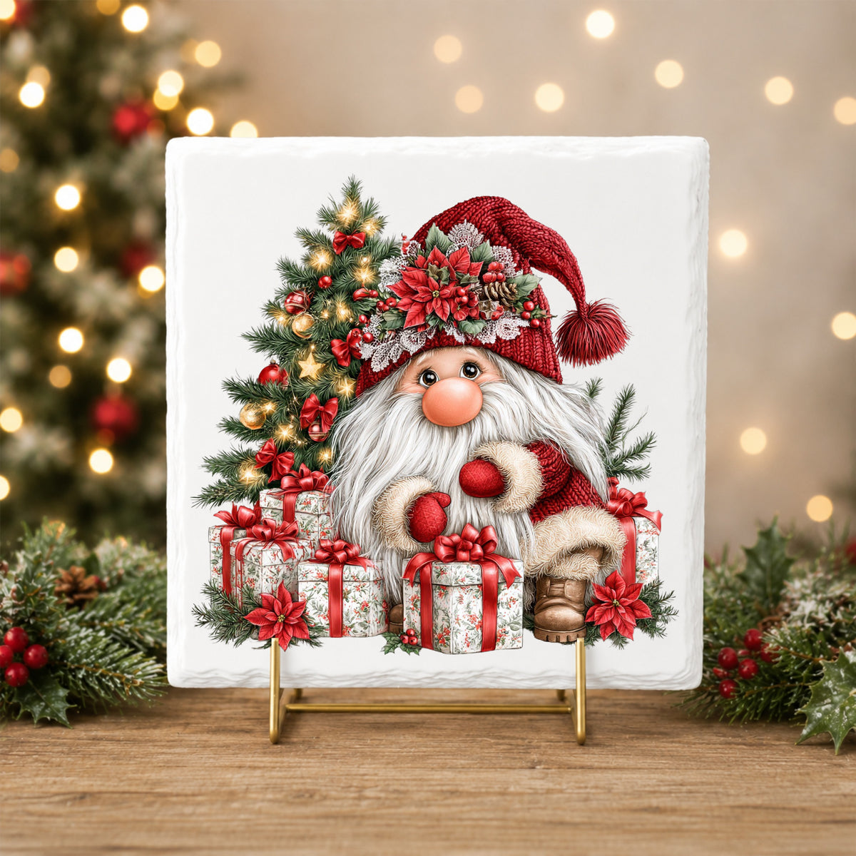 Gnome With Wrapped Presents And Lighted Tree UV DTF sticker applied to a white tile on a gold stand