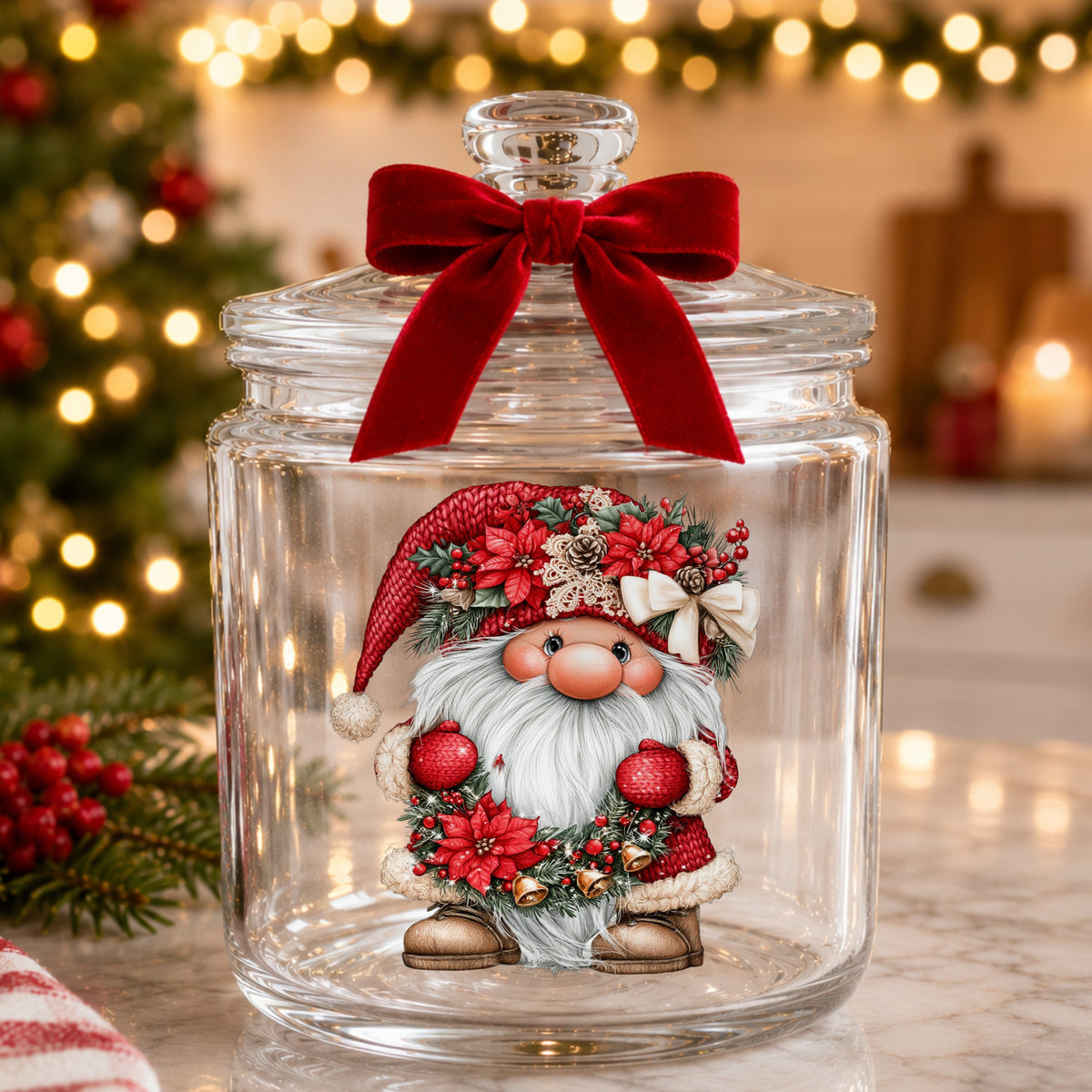 Gnome Holding Poinsettia Garland UV DTF sticker applied to a glass candy jar tied with a red bow