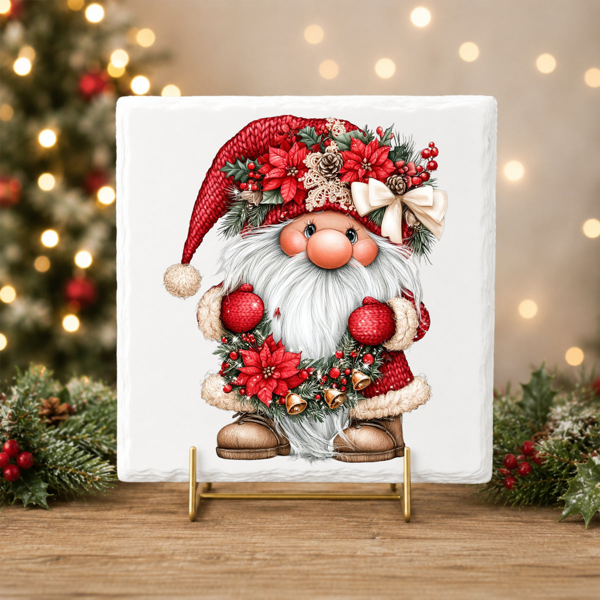 Gnome Holding Poinsettia Garland UV DTF sticker applied to a white tile on a gold stand