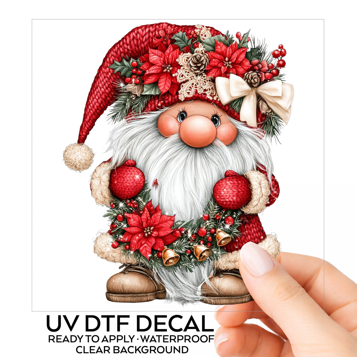 Gnome Holding Poinsettia Garland UV DTF sticker on its backing card, held in hand