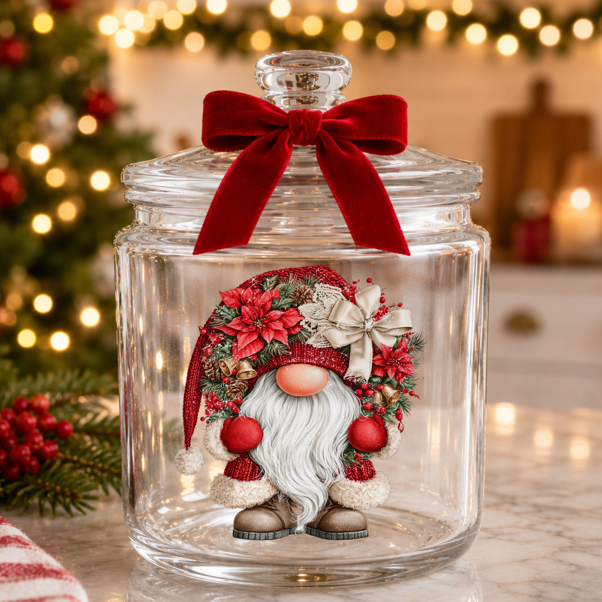 Scandinavian Gnome With Bells And Bow UV DTF sticker applied to a glass candy jar tied with a red bow