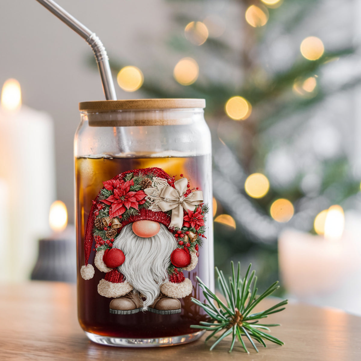 Scandinavian Gnome With Bells And Bow UV DTF sticker applied to a glass can cup of iced coffee with a straw