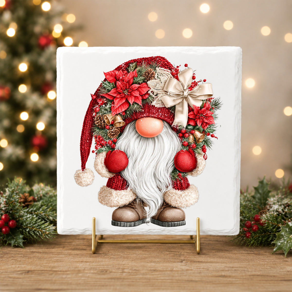 Scandinavian Gnome With Bells And Bow UV DTF sticker applied to a white tile on a gold stand