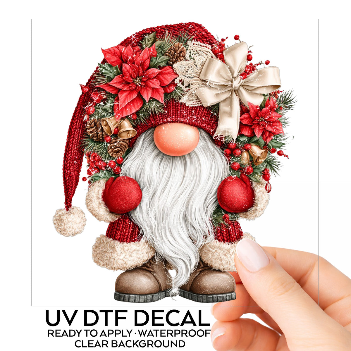 Scandinavian Gnome With Bells And Bow UV DTF sticker on its backing card, held in hand
