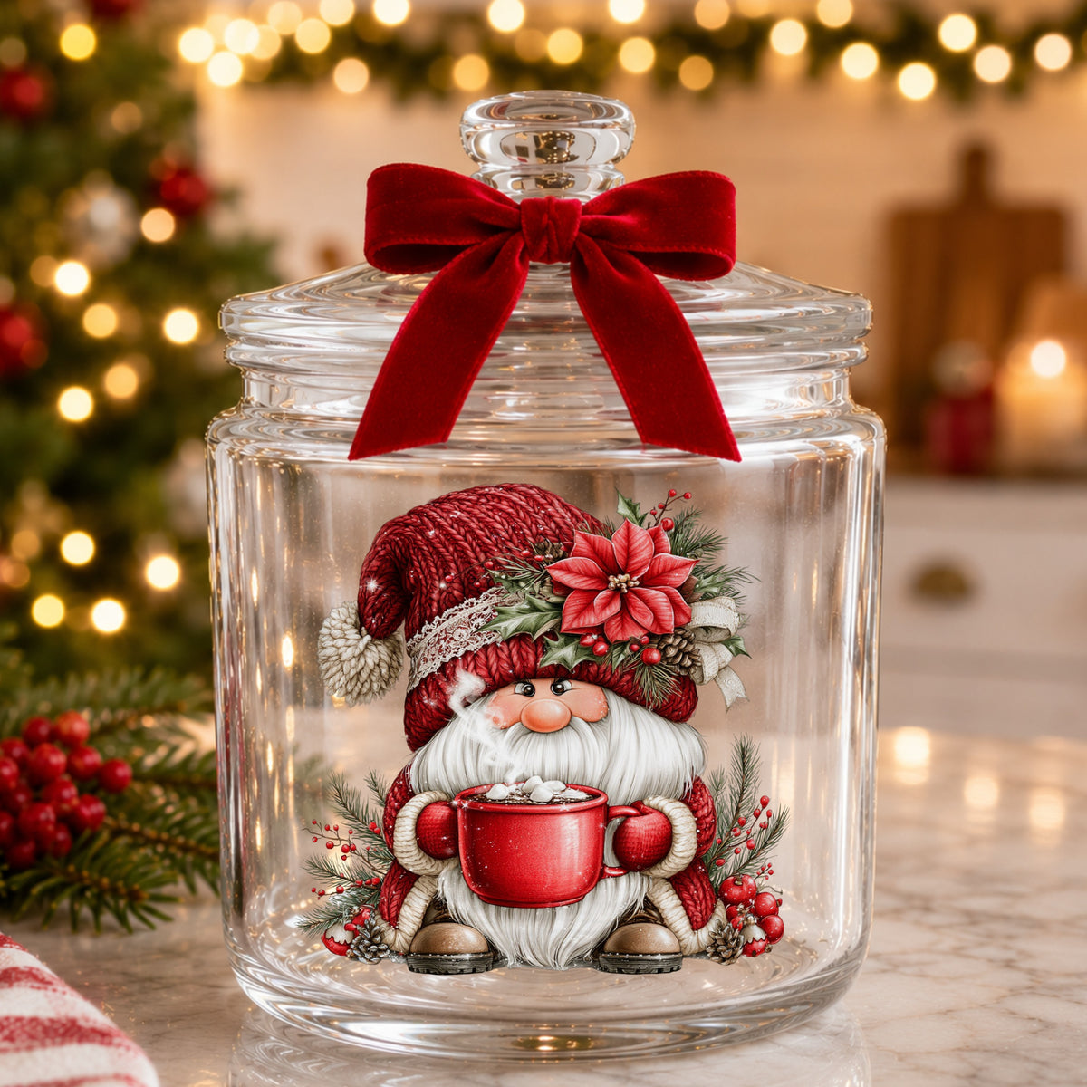 Hot Cocoa Gnome UV DTF sticker applied to a glass candy jar tied with a red bow
