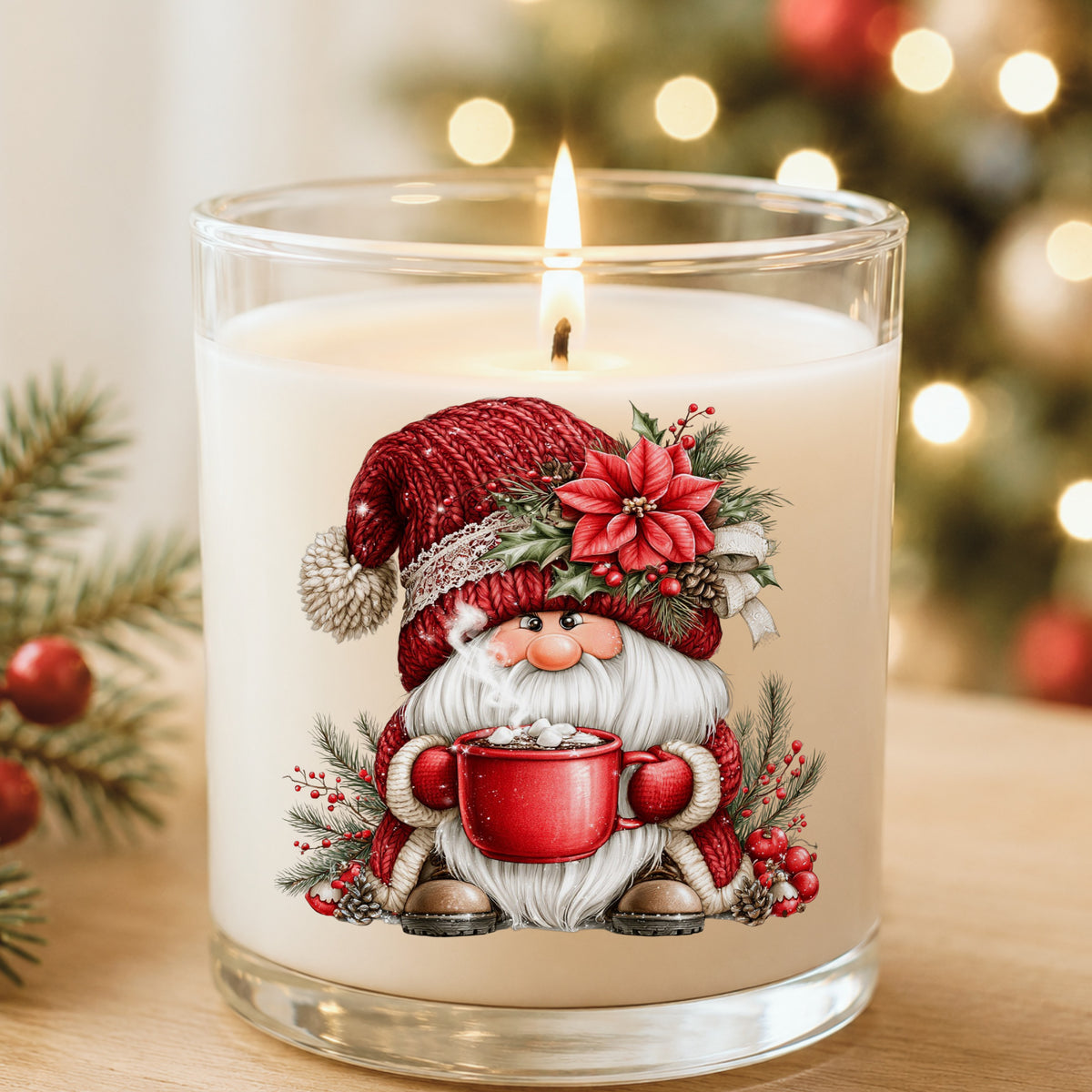 Hot Cocoa Gnome UV DTF sticker applied to a white candle in a glass holder near Christmas lights