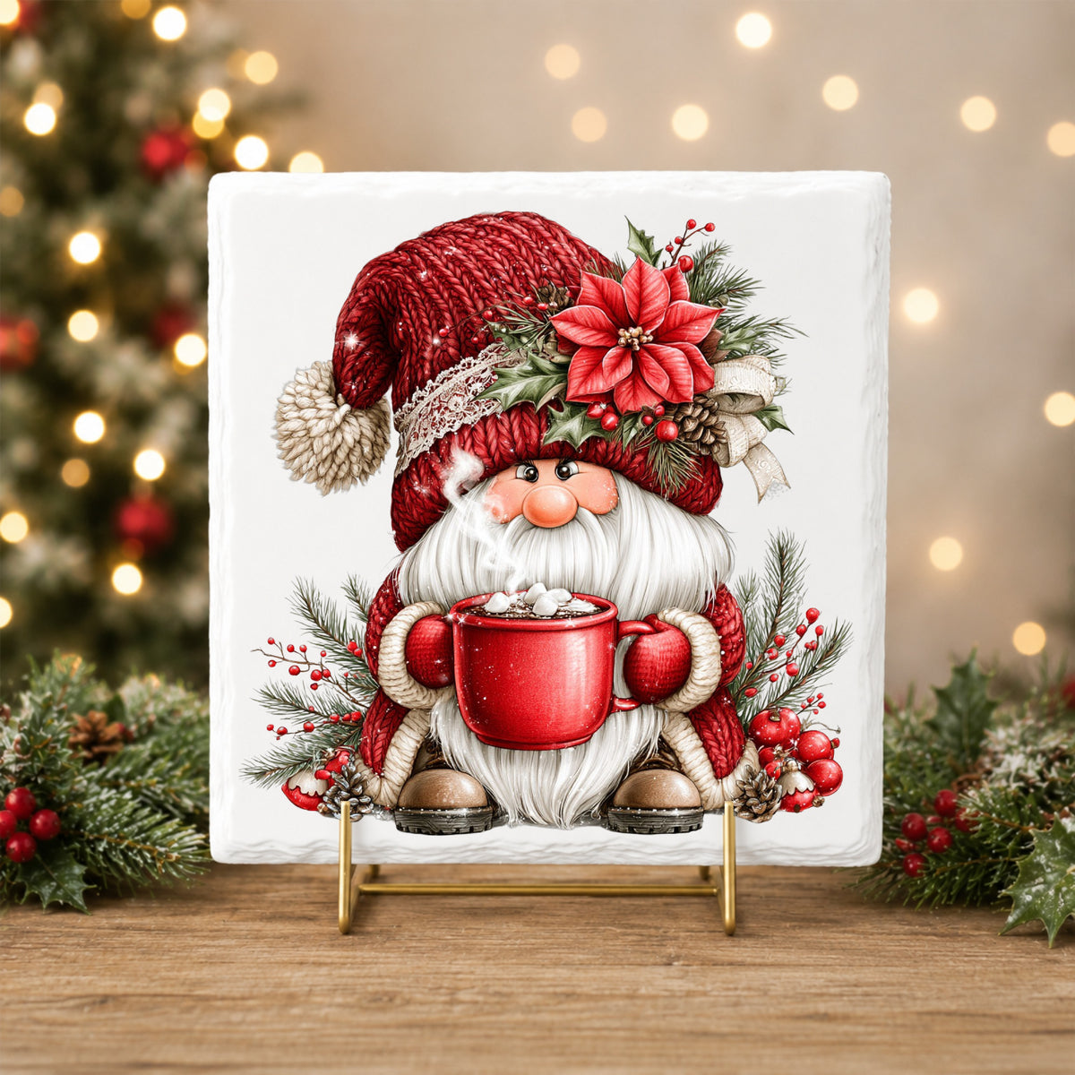 Hot Cocoa Gnome UV DTF sticker applied to a white tile on a gold stand