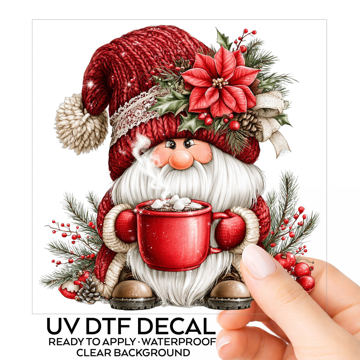 Hot Cocoa Gnome UV DTF sticker on its backing card, held in hand