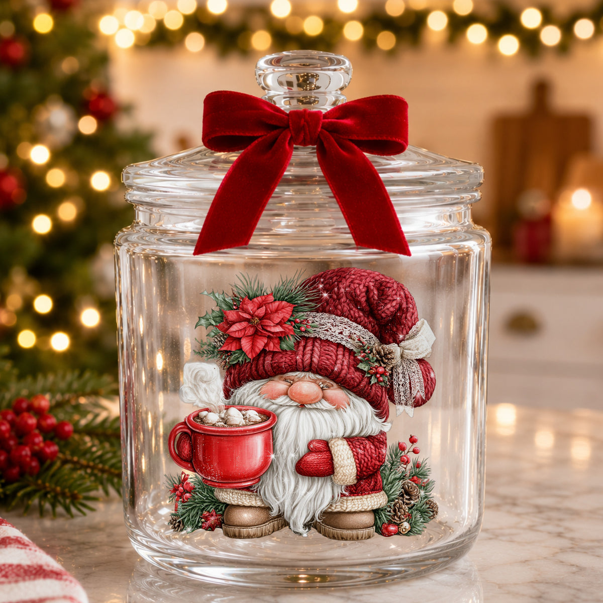 Sleepy Gnome With Big Red Mug UV DTF sticker applied to a glass candy jar tied with a red bow