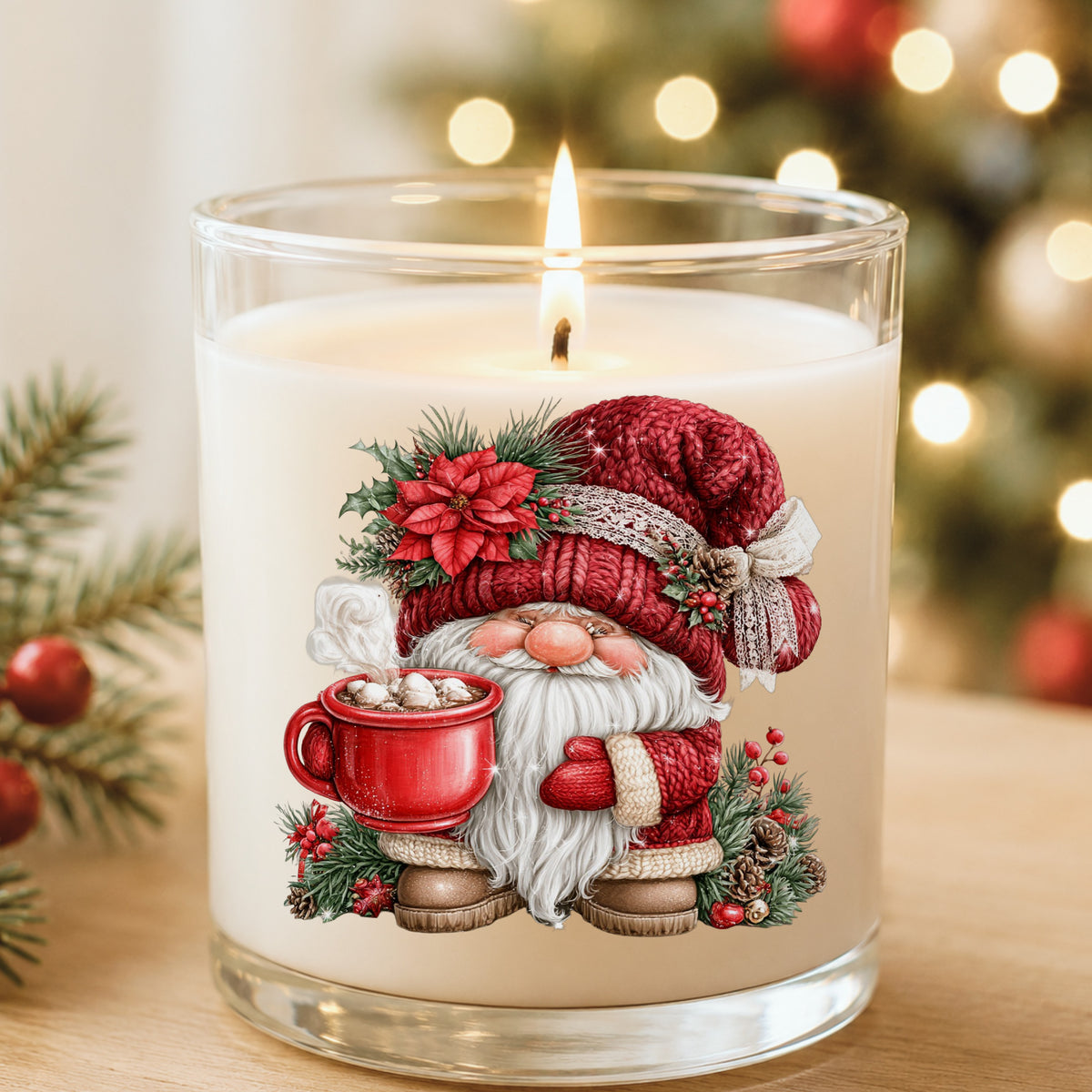Sleepy Gnome With Big Red Mug UV DTF sticker applied to a white candle in a glass holder near Christmas lights