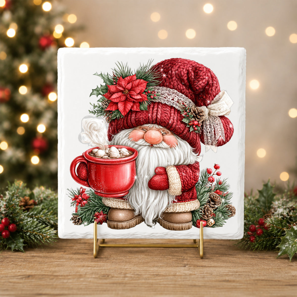 Sleepy Gnome With Big Red Mug UV DTF sticker applied to a white tile on a gold stand