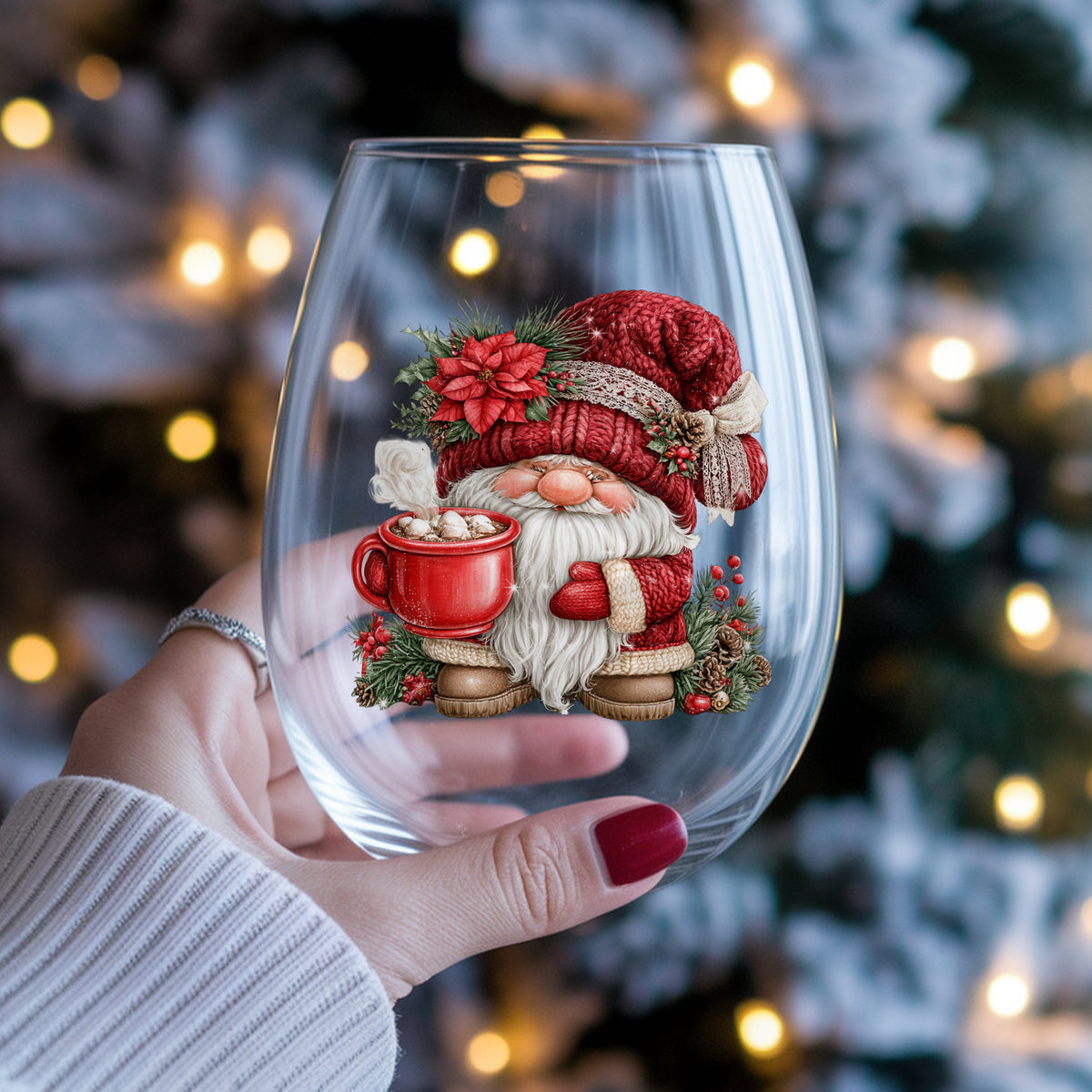 Sleepy Gnome With Big Red Mug UV DTF sticker applied to a stemless wine glass held in hand