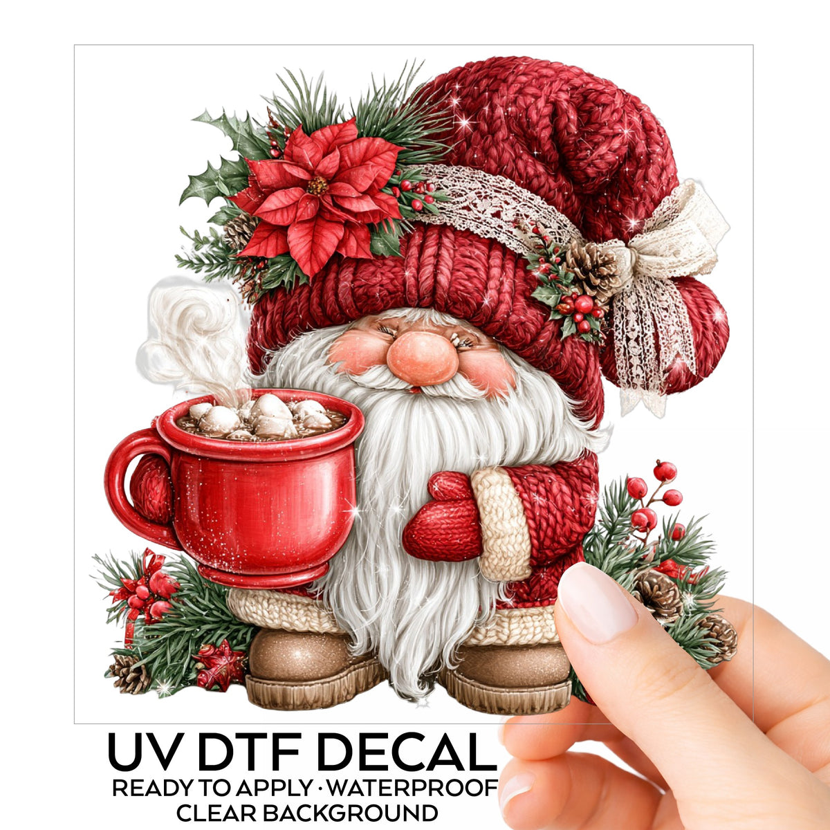Sleepy Gnome With Big Red Mug UV DTF sticker on its backing card, held in hand