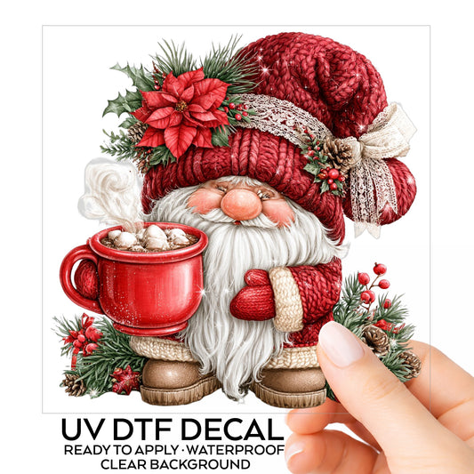 Sleepy Gnome With Big Red Mug UV DTF sticker on its backing card, held in hand