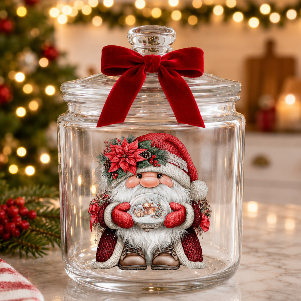 Gnome Holding Snow Globe UV DTF sticker applied to a glass candy jar tied with a red bow