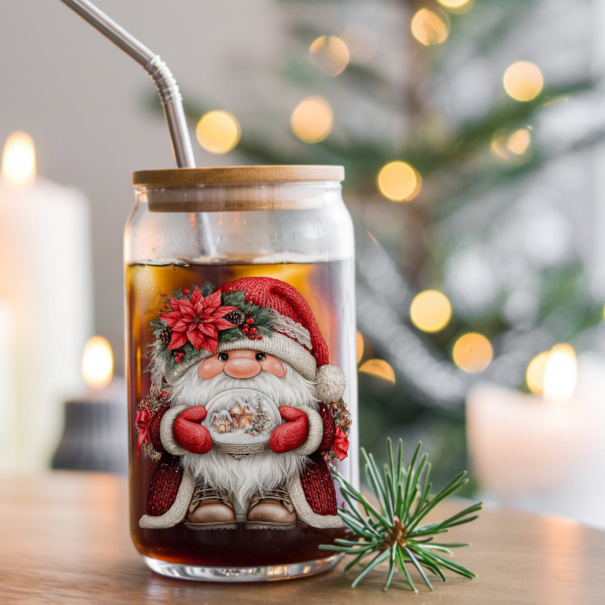 Gnome Holding Snow Globe UV DTF sticker applied to a glass can cup of iced coffee with a straw