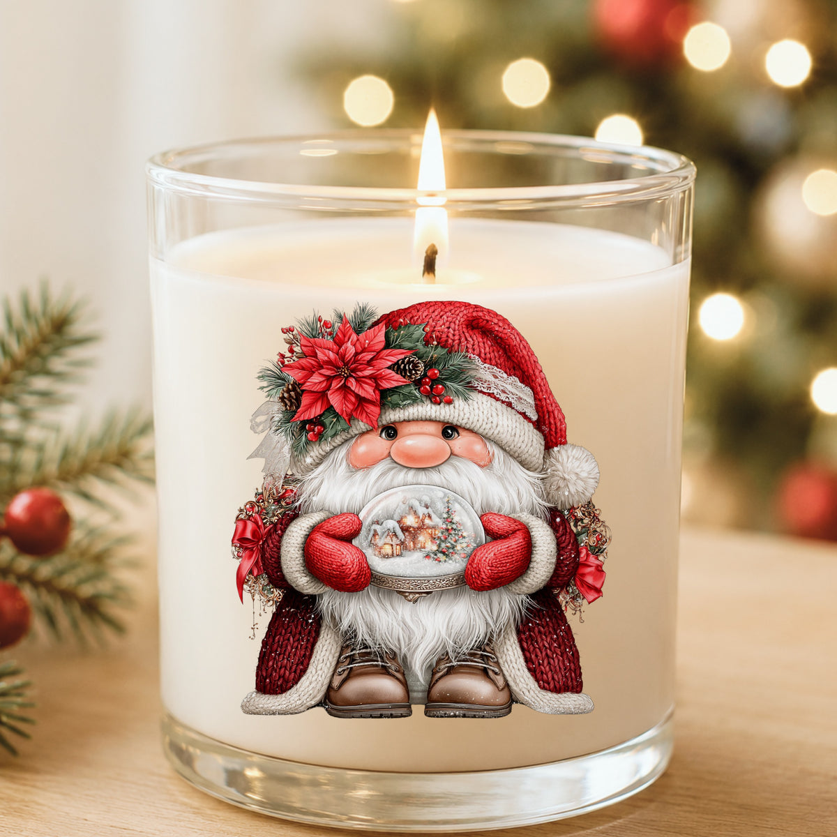 Gnome Holding Snow Globe UV DTF sticker applied to a white candle in a glass holder near Christmas lights