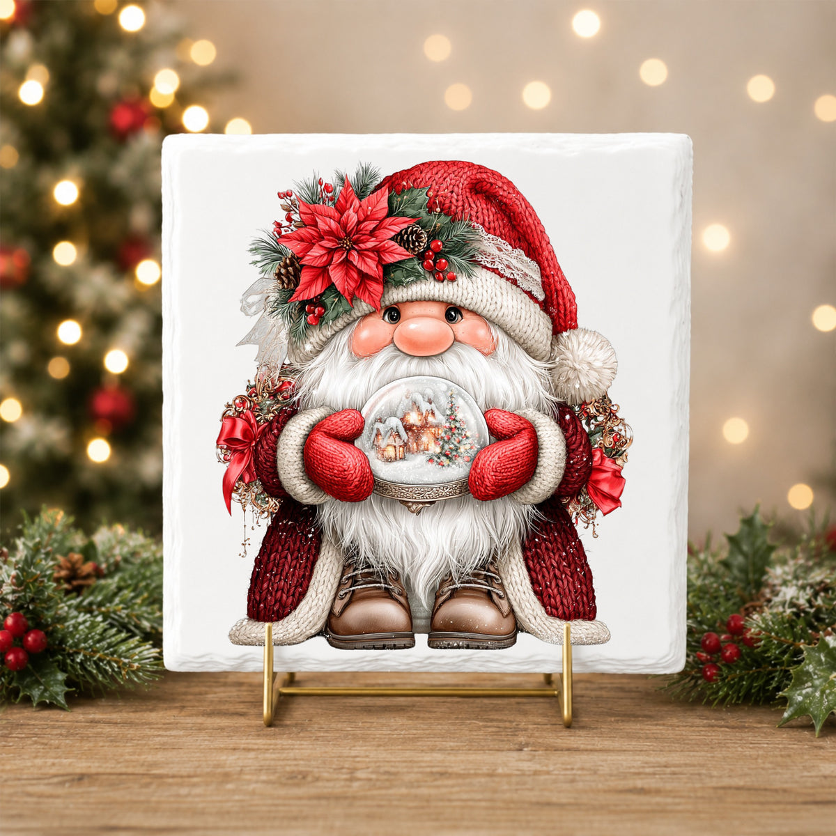 Gnome Holding Snow Globe UV DTF sticker applied to a white tile on a gold stand