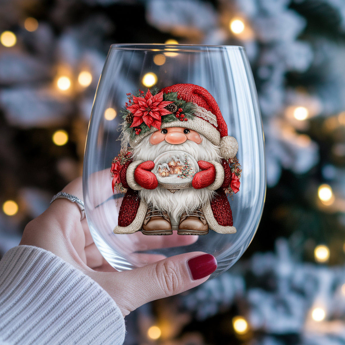Gnome Holding Snow Globe UV DTF sticker applied to a stemless wine glass held in hand