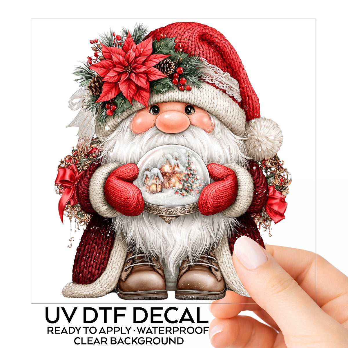 Gnome Holding Snow Globe UV DTF sticker on its backing card, held in hand