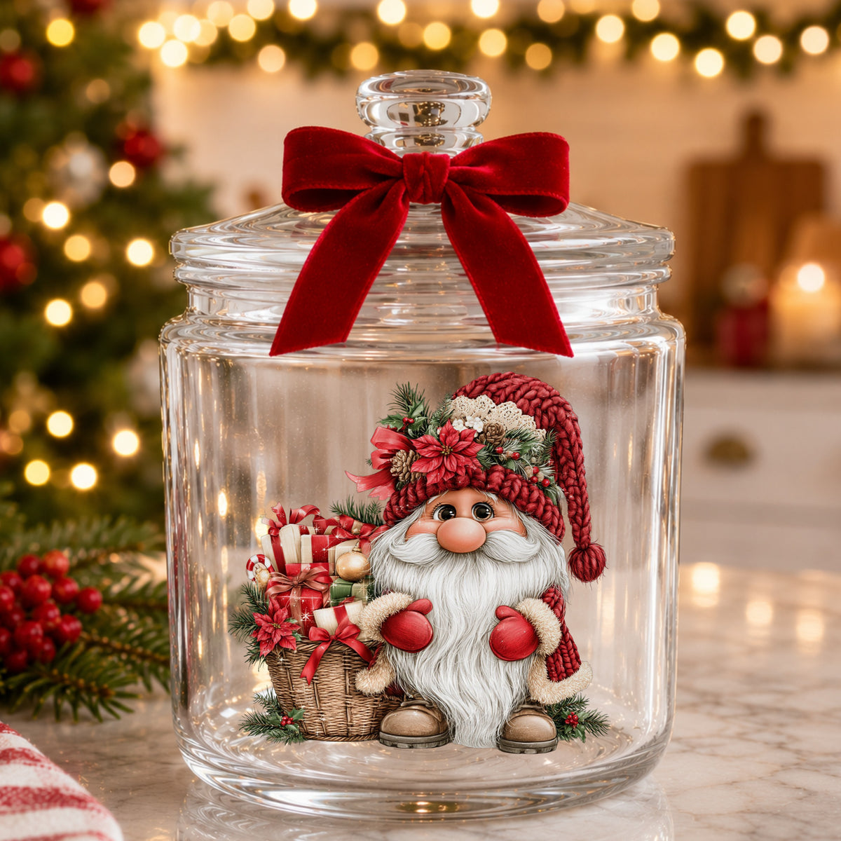 Gnome With Gift Basket UV DTF sticker applied to a glass candy jar tied with a red bow