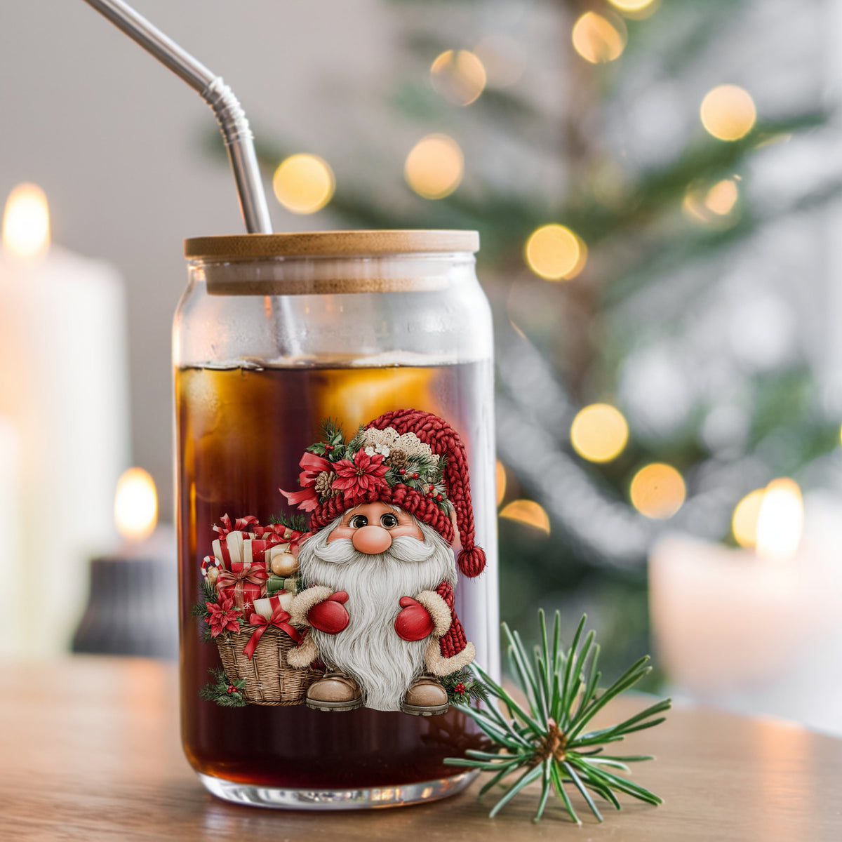 Gnome With Gift Basket UV DTF sticker applied to a glass can cup of iced coffee with a straw