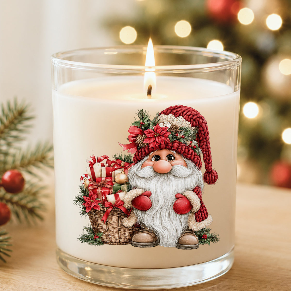 Gnome With Gift Basket UV DTF sticker applied to a white candle in a glass holder near Christmas lights