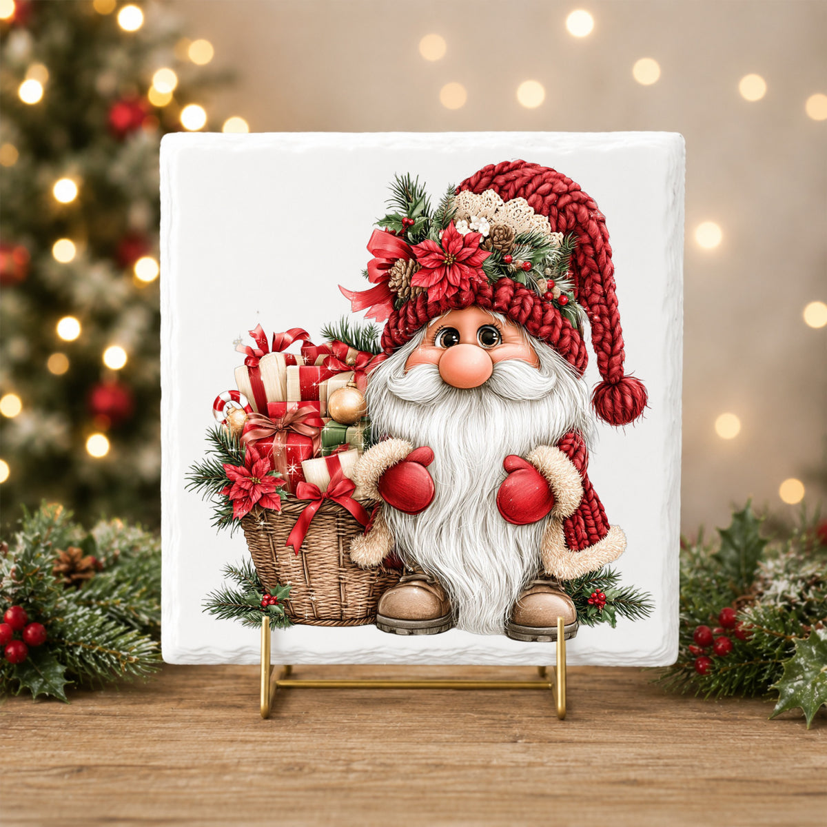 Gnome With Gift Basket UV DTF sticker applied to a white tile on a gold stand