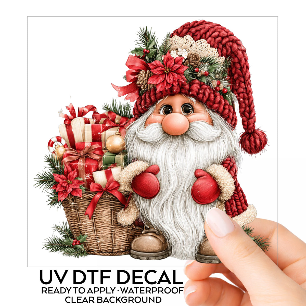 Gnome With Gift Basket UV DTF sticker on its backing card, held in hand