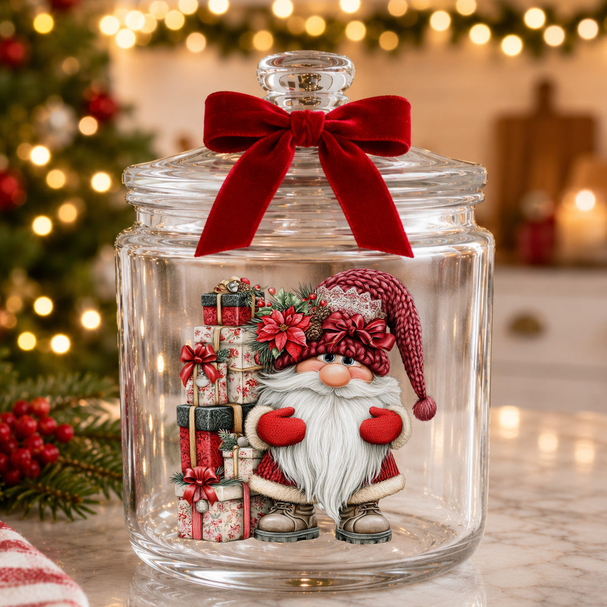 Gnome With Tall Floral Gift Tower UV DTF sticker applied to a glass candy jar tied with a red bow