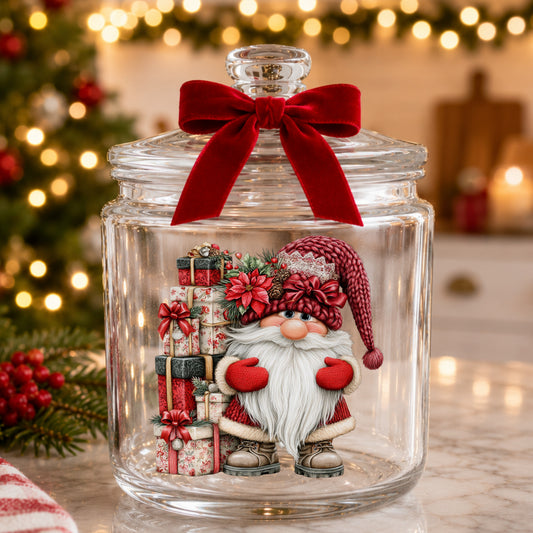 Gnome With Tall Floral Gift Tower UV DTF sticker applied to a glass candy jar tied with a red bow