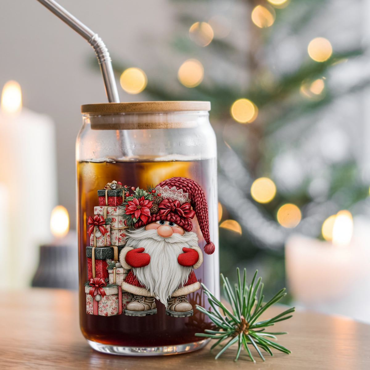 Gnome With Tall Floral Gift Tower UV DTF sticker applied to a glass can cup of iced coffee with a straw