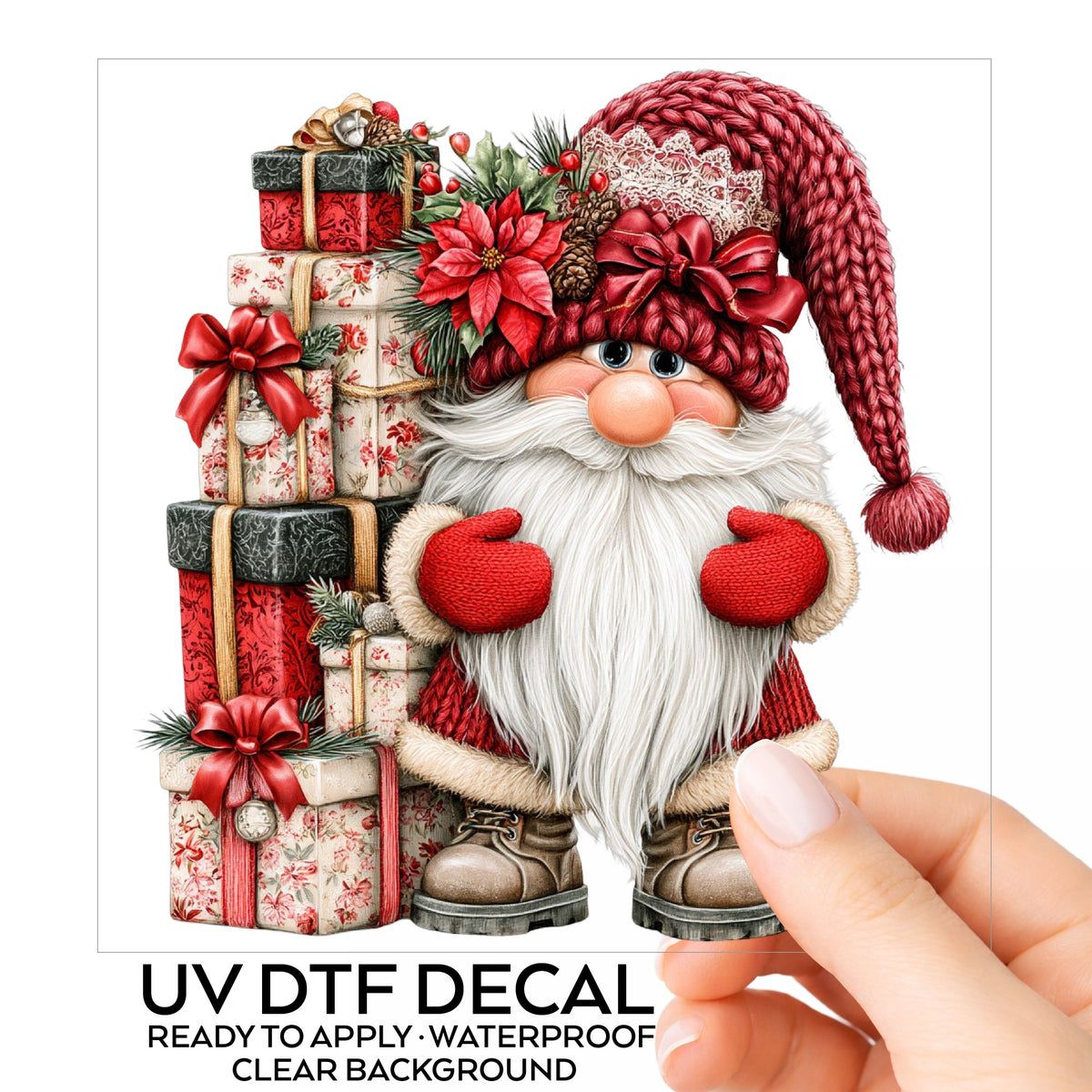 Gnome With Tall Floral Gift Tower UV DTF sticker on its backing card, held in hand