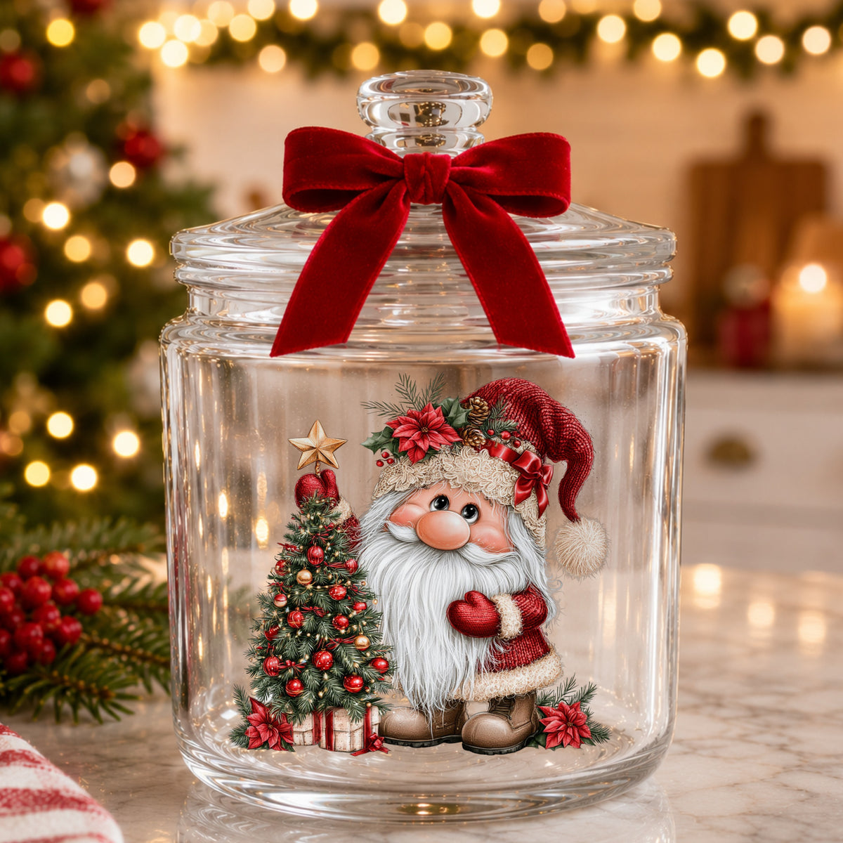 Gnome Putting Star On Christmas Tree UV DTF sticker applied to a glass candy jar tied with a red bow