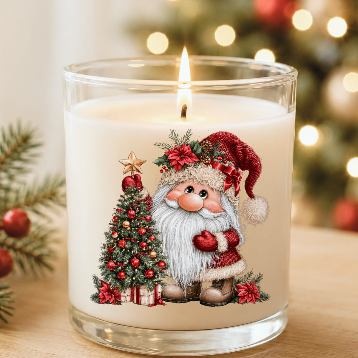 Gnome Putting Star On Christmas Tree UV DTF sticker applied to a white candle in a glass holder near Christmas lights