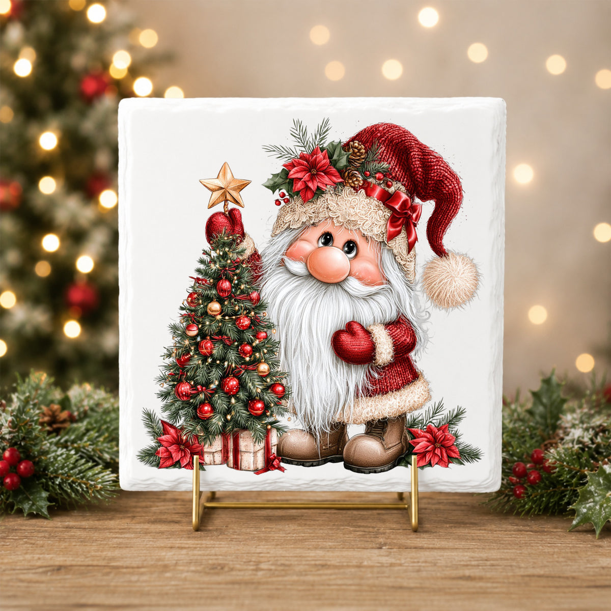 Gnome Putting Star On Christmas Tree UV DTF sticker applied to a white tile on a gold stand