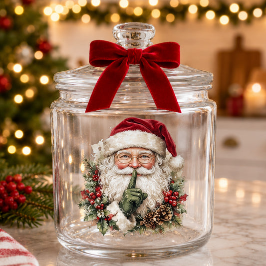 Shush Santa Claus With Holly UV DTF sticker applied to a glass candy jar tied with a red bow