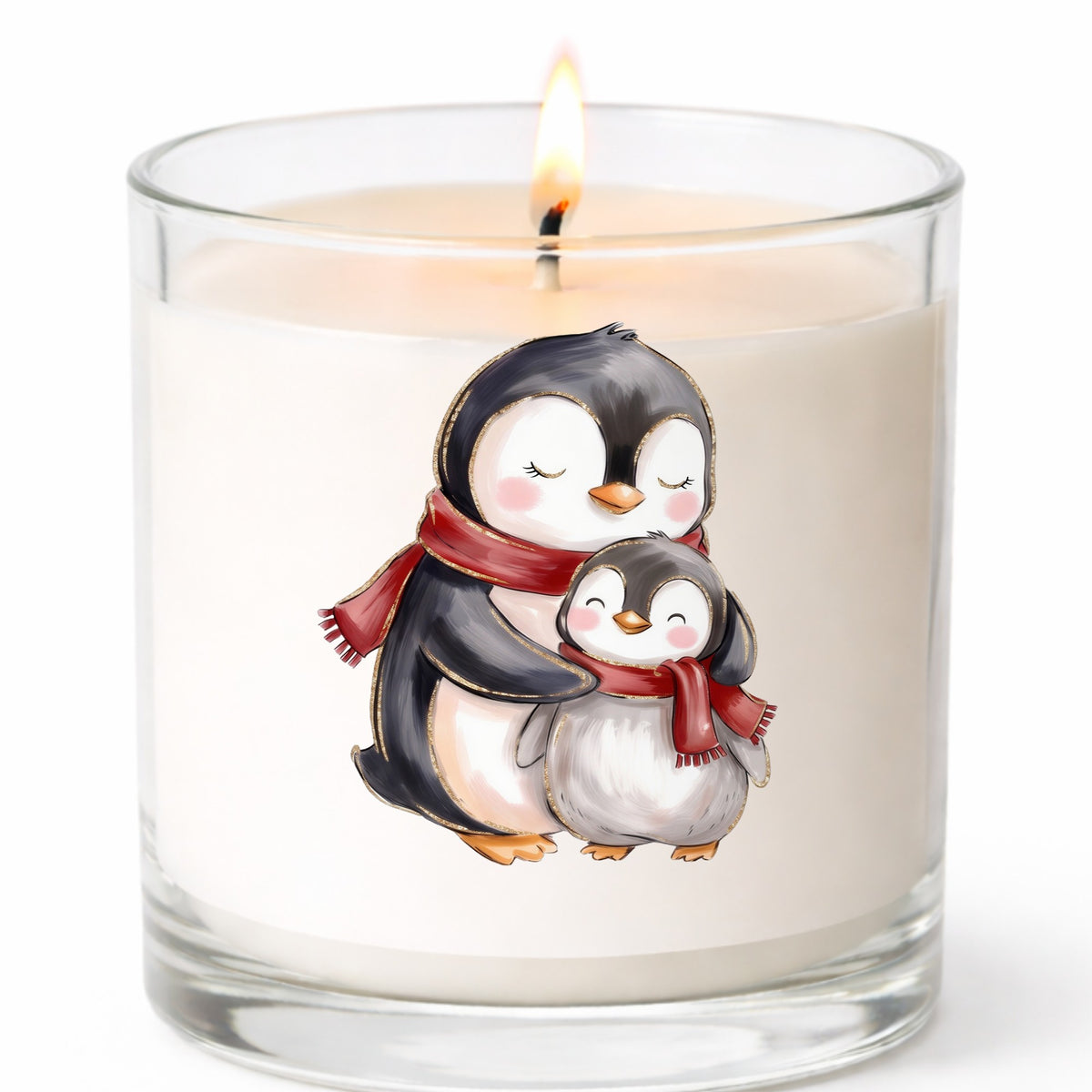 Mama And Baby Penguin In Red Scarves UV DTF sticker applied to a white candle in a clear glass jar